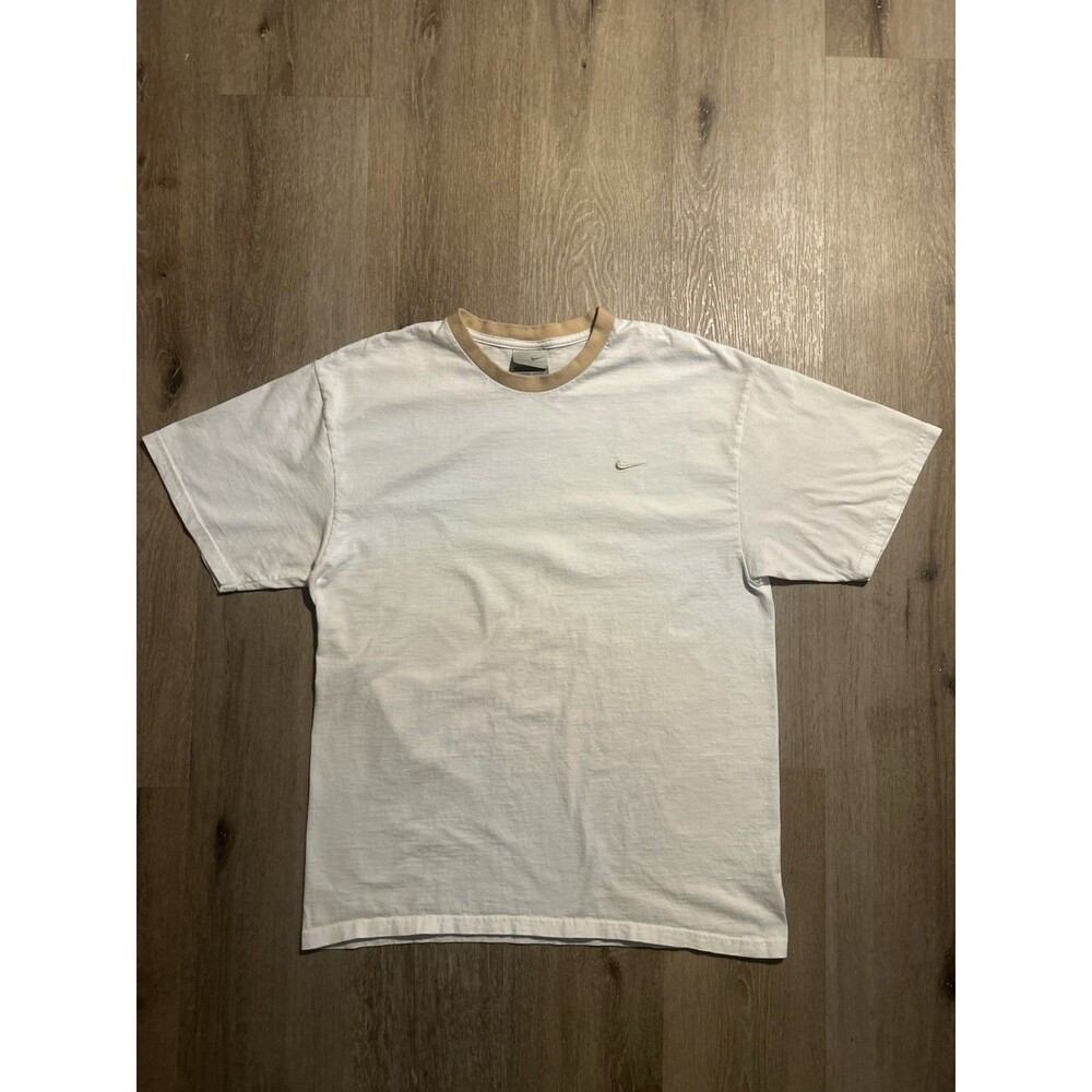 Vintage Nike Embroidered 2000s White Ringer Shirt Bleached Gold Trim Size Large